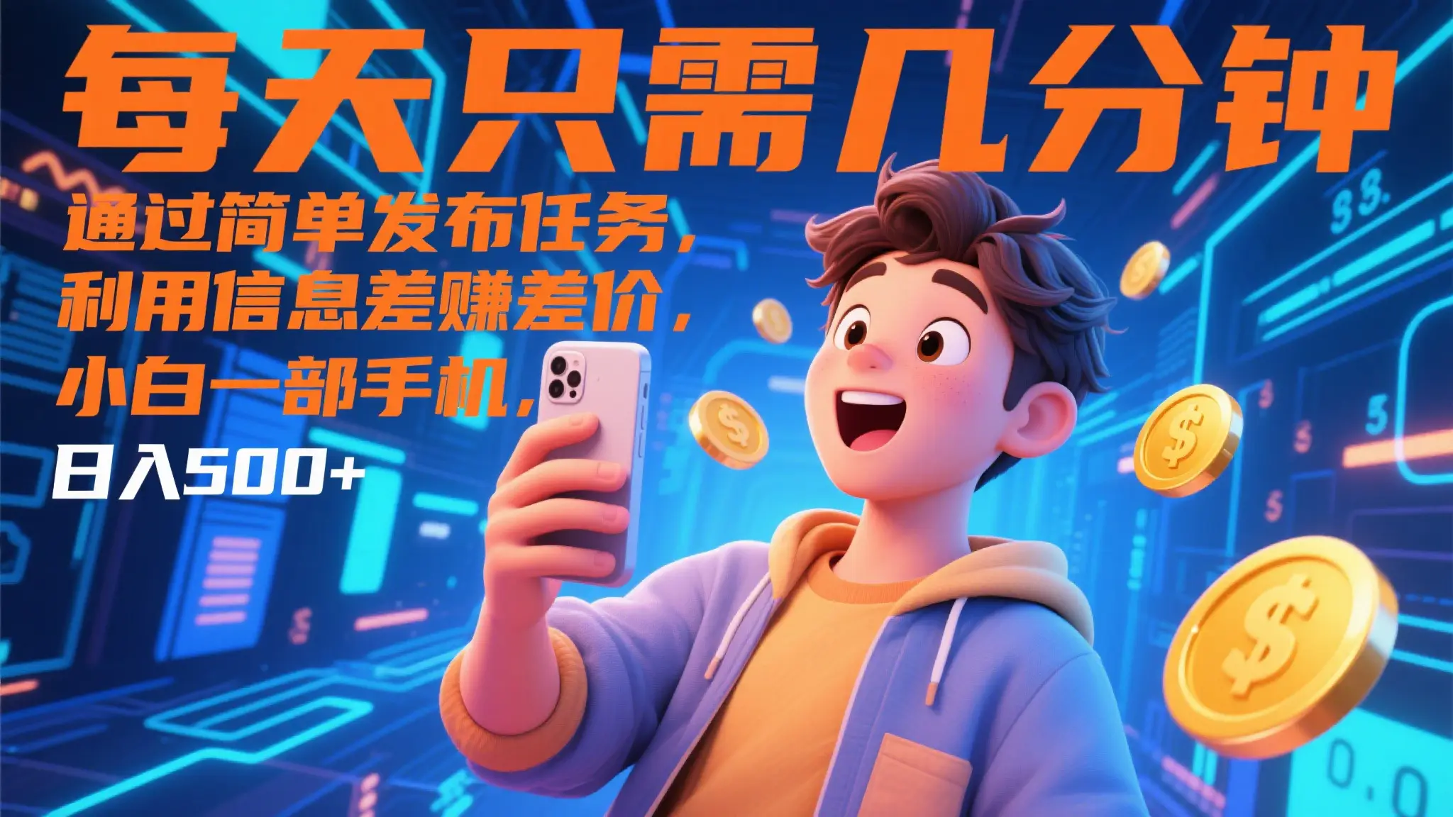 每天只需几分钟，通过简单发布任务，利用信息差赚差价，小白一部手机，日入500+-联创在线