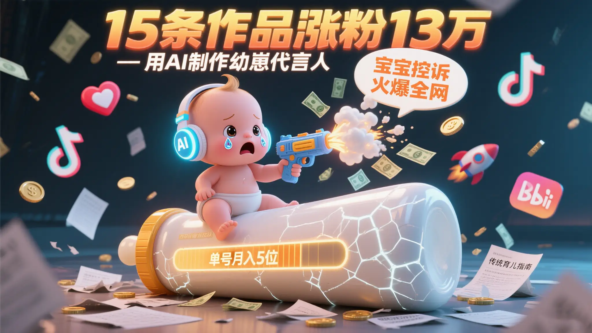 用AI制作幼崽代言人，宝宝的控诉火爆全网，15条作品涨粉13万，单号月入5位数实操教程-联创在线