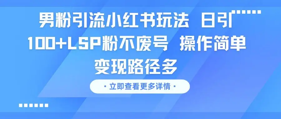男粉引流小红书玩法 日引100+LSP粉不废号 操作简单 变现路径多-联创在线