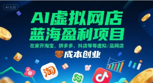 【精】AI虚拟网店蓝海盈利项目，在家开淘宝、拼多多、抖店等虚拟品网店，零成本创业-联创在线