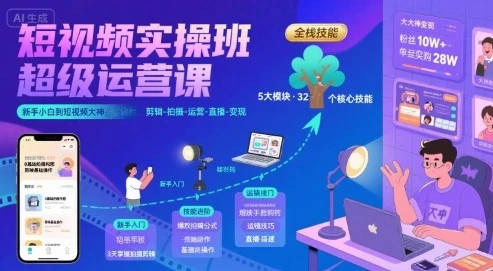 【精】短视频实操班超级运营课，新手小白到短视频大神必修课程，剪辑-拍摄-运营-直播-变现-联创在线