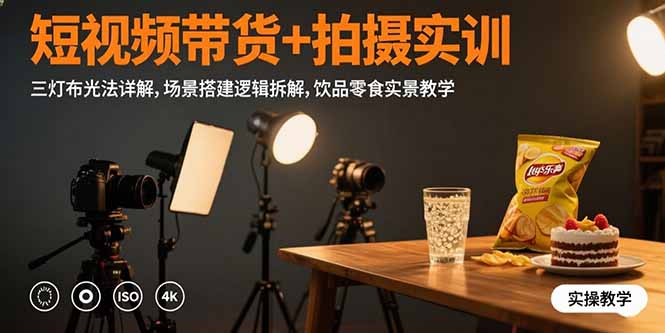 短视频带货+拍摄实训：三灯布光法详解,场景搭建逻辑拆解,饮品零食实景教学-联创在线