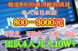 稳定8年的美刀搬砖项目，单人每日收益800—3000.团队4人月入10W+.可线下-联创在线