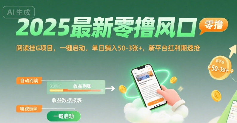 2025最新零撸风口，阅读挂G项目，一键启动，单日躺入 50-3张+，新平台红利期速抢【揭秘】-联创在线