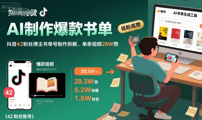 AI制作爆款书单，抖音42粉丝博主书单号制作拆解，单条视频28W赞-联创在线
