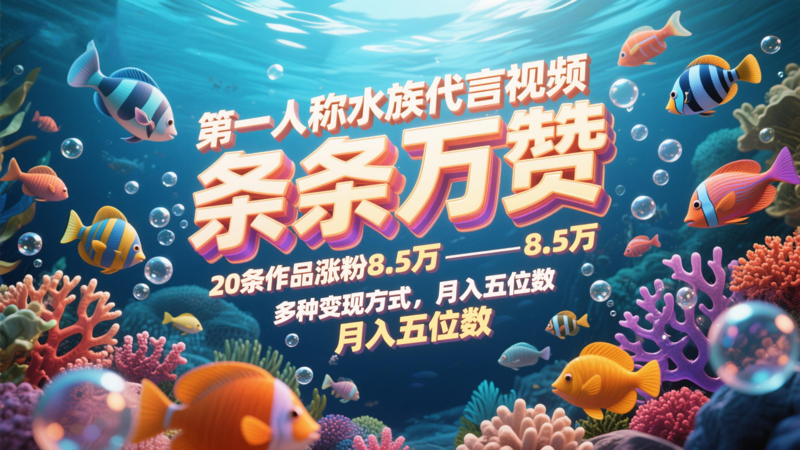 第一人称水族代言视频，条条万赞，20条作品涨粉8.5万，多种变现方式月，入五位数-联创在线