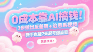 0成本靠AI搞钱！3步做出反差萌+治愈系视频，新手也能7天起号爆流量，月入5位数-联创在线