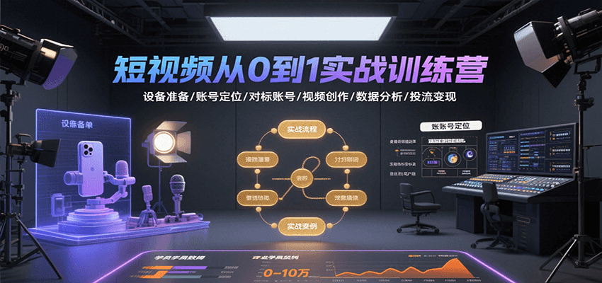 短视频从0到1实战训练营:设备准备/账号定位/对标账号/视频创作/数据分析/投流变现-联创在线