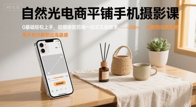 自然光电商平铺手机摄影课，0基础轻松上手，拍摄修图剪辑一站式实操教学，用手机也能拍出高级感-联创在线