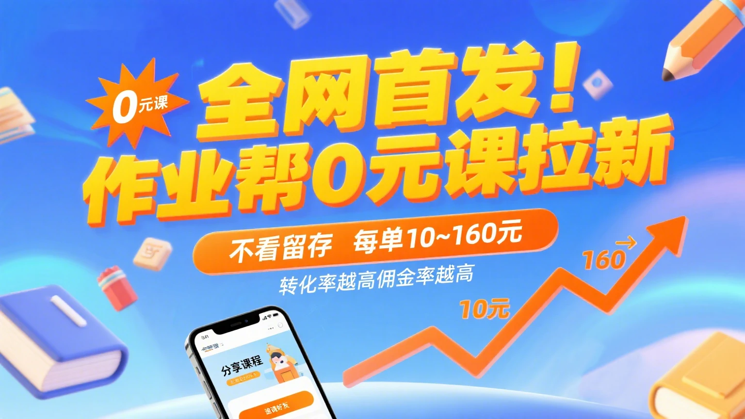 全网首发！作业帮0元课拉新，不看留存，每单10~160元，转化率越高佣金率越高。-联创在线