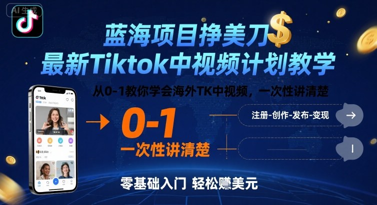蓝海项目挣美刀，最新Tiktok中视频计划教学，从0-1教你学会海外TK中视频，一次性讲清楚-联创在线