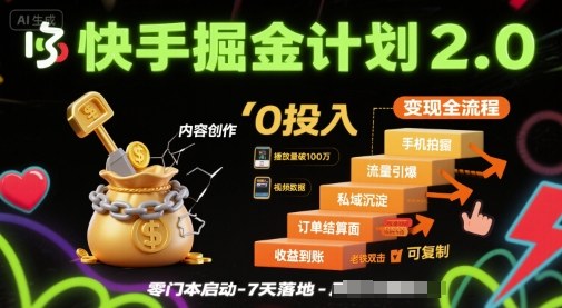 快手掘金计划2.0，快手电商变现全流程，简单可复制，0投入-联创在线