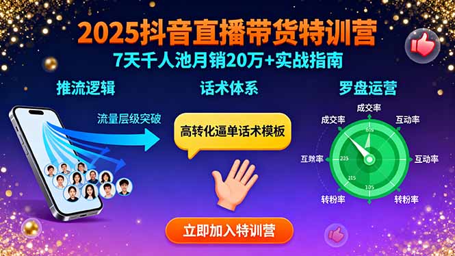 2025抖音直播带货特训：推流逻辑、话术体系、罗盘运营,7天千人池月销20万+-联创在线