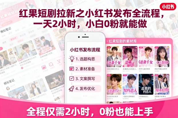 红果短剧拉新之小红书发布全流程，一天2小时，小白0粉就能做-联创在线