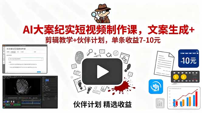 AI大案纪实短视频制作课，文案生成+剪辑教学+伙伴计划，单条收益7-10元-联创在线