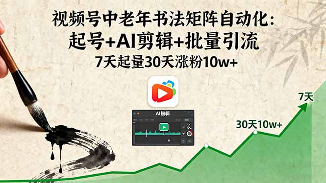 视频号中老年书法矩阵自动化：起号+AI剪辑+批量引流 7天起量30天涨粉10w+-联创在线