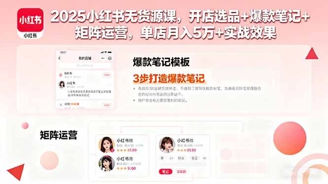 【精】2025小红书无货源课，开店选品+爆款笔记+矩阵运营，单店月入5万+实战效果-联创在线