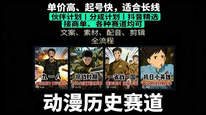 【精】历史动漫赛道撸分成：起号、文案、素材、配音、剪辑，单视频收益破万-创业猫