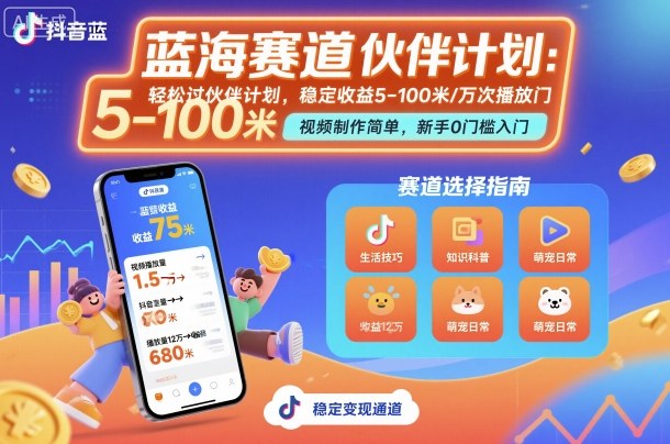 抖音蓝海赛道，轻松过伙伴计划，视频制作简单，万次播放收益在5-100米，稳定收益-联创在线