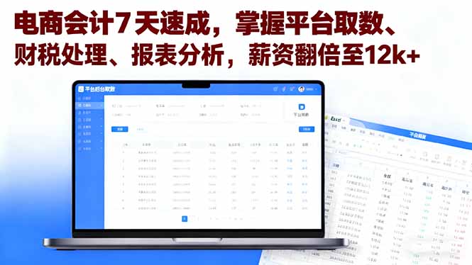 电商会计7天速成，掌握平台取数、财税处理、报表分析，薪资翻倍至12k+-联创在线