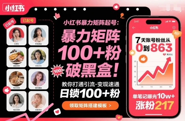 【精】小红书暴力矩阵起号，教你打通引流-变现速通，日锁100+粉，破流量黑盒-联创在线
